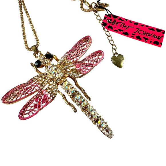 Betsy Johnson Pink Crystal Dragonfly Pendant Necklace Gold Chain - Picture 1 of 2